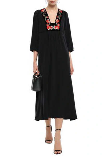 Shop Vilshenko Embroidered Velvet-trimmed Silk-crepe Midi Dress In Black