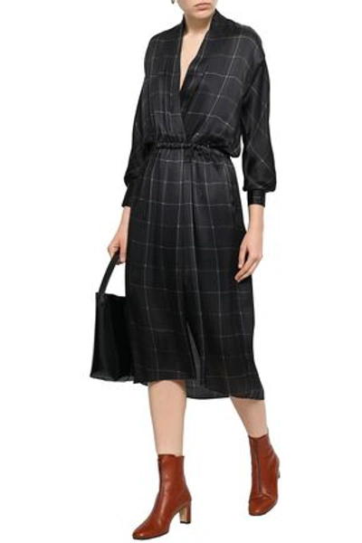 Shop Vince Wrap-effect Checked Silk-satin Midi Dress In Black