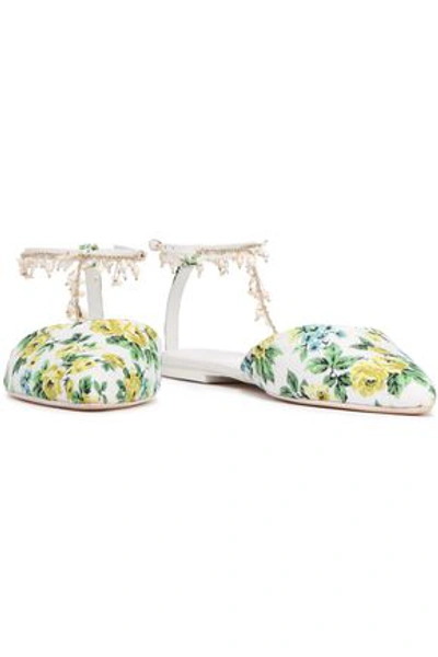 Shop Zimmermann Embellished Floral-print Canvas Point-toe Flats In Pastel Yellow