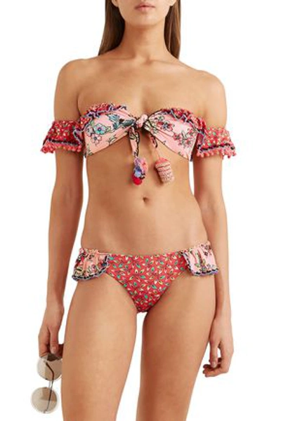 Shop Anjuna Ombretta Off-the-shoulder Crochet-trimmed Printed Bikini In Peach