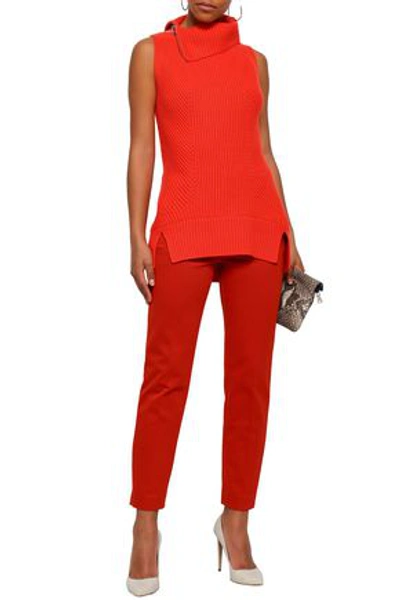 Shop Elie Tahari Woman Susanita Zip-detailed Ribbed Wool And Cashmere-blend Top Bright Orange