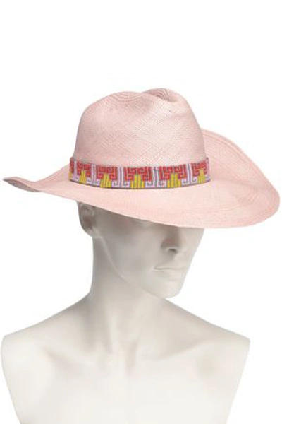 Shop Yosuzi Bead-embellished Woven Straw Hat In Baby Pink