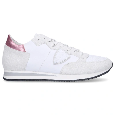 Shop Philippe Model Low-top Sneakers Tropez Calfskin Suede Logo Patch Rose White-combo In Pink