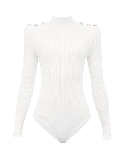 Balmain Crest Button Ribbed Knit Bodysuit In White | ModeSens