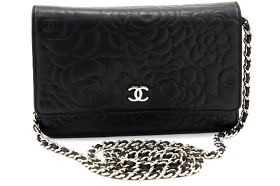 Pre-owned Chanel Black Camellia Embossed Wallet On Chain Woc