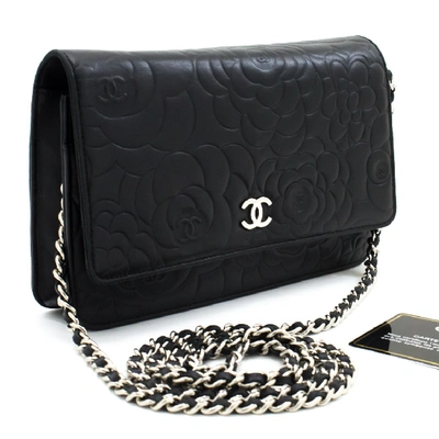 Pre-owned Chanel Black Camellia Embossed Wallet On Chain Woc