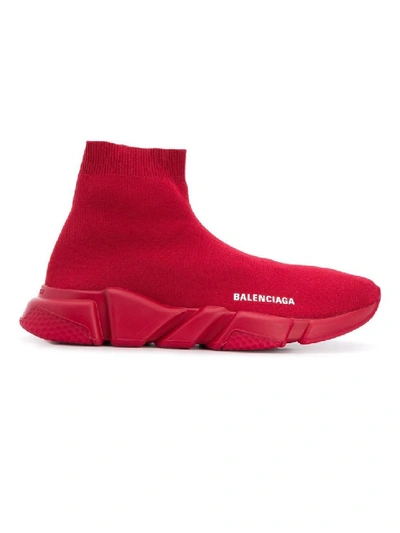 Balenciaga Men's Logo Speed Sneakers with Tonal Rubber Sole - Red