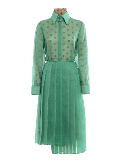 Shop Fendi Pleated Skirt Silk Organdie Shirt Dress In Green