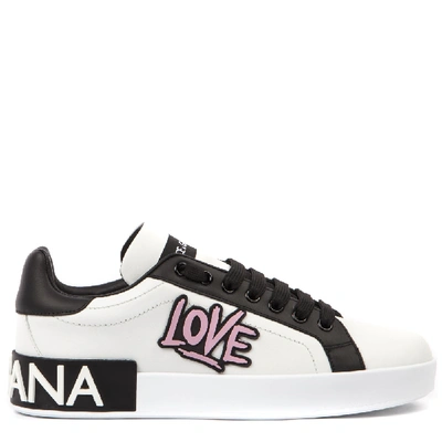 Shop Dolce & Gabbana Black And White Leather Portofino Love Sneakers