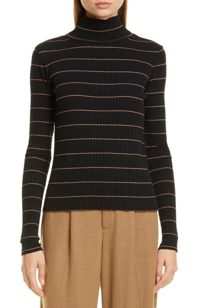 Shop Vince Stripe Rib Stretch Cotton Turtleneck Sweater In Black/ Ambrette