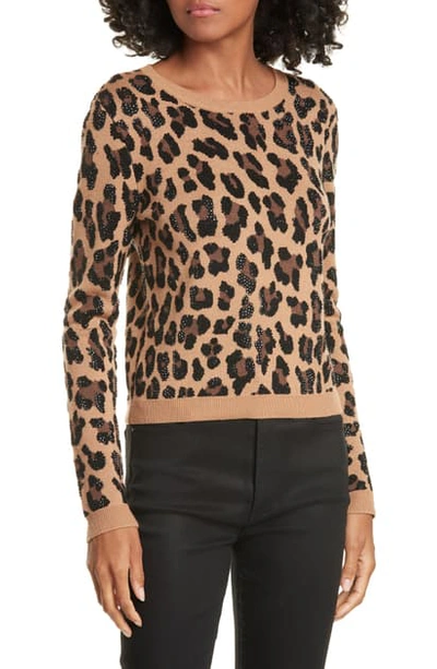 Shop Alice And Olivia Connie Animal Print Stud Detail Stretch Wool Sweater In Leopard