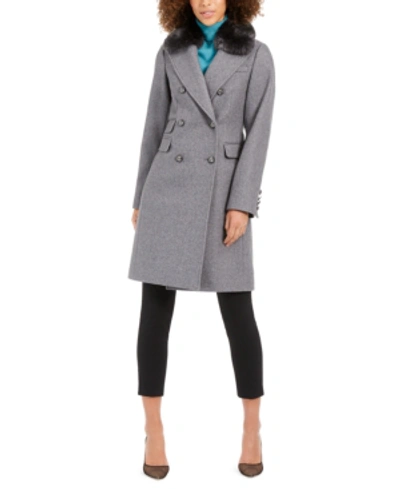 Shop Vince Camuto Double-breasted Coat With Faux-fur-collar In Light Grey