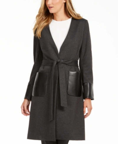 Shop Calvin Klein Faux-leather-trim Belted Cardigan In Black/charcoal