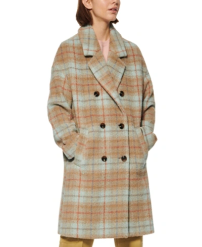Shop Marc New York Double-breasted Plaid Coat In Tan Plaid