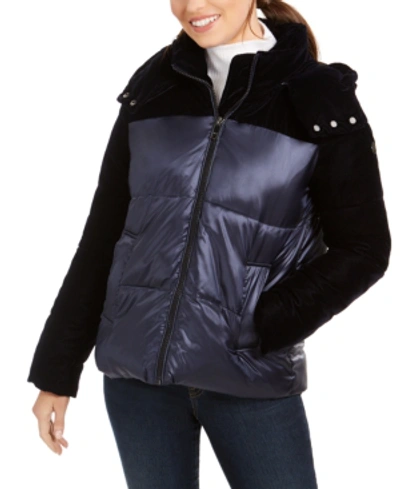 Shop Calvin Klein Velvet-trim Hooded Puffer Coat In Navy