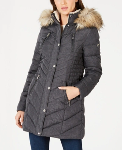 Shop Laundry By Shelli Segal Faux-fur Trim Hooded Puffer Coat In Charcoal
