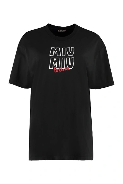 Shop Miu Miu Crew-neck Cotton T-shirt In Black