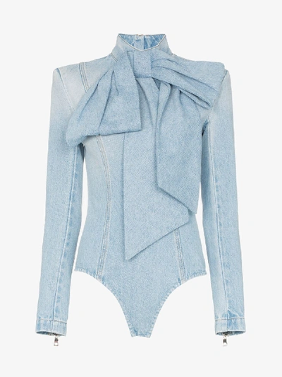 Shop Balmain Pussybow Fitted Denim Bodysuit In Blue