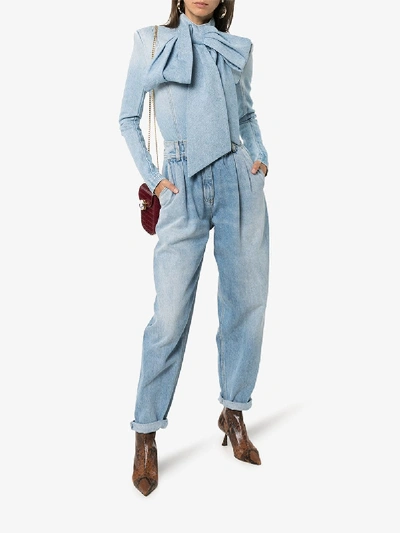 Shop Balmain Pussybow Fitted Denim Bodysuit In Blue