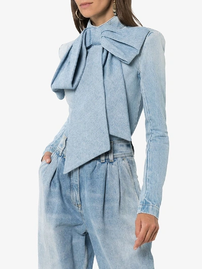 Shop Balmain Pussybow Fitted Denim Bodysuit In Blue