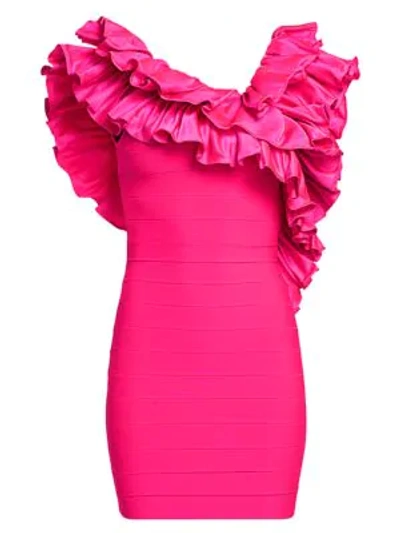 Shop Herve Leger Crisscross Ruffle Mini Dress In Neon Pink