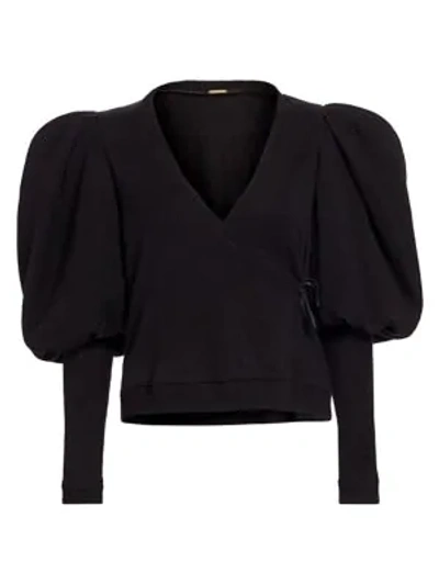 Shop Johanna Ortiz Puff-sleeve Cashmere Wrap Top In Black