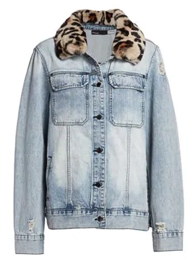 Shop Ava & Kris Jane Fox Fur-collar Denim Jacket In Leopard