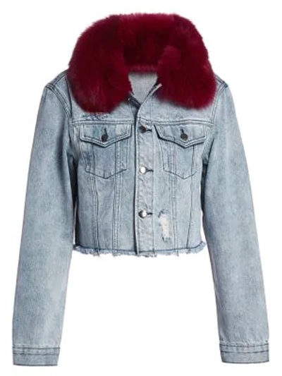Shop Ava & Kris Hailey Fox Fur-collar Denim Jacket In Beet Red