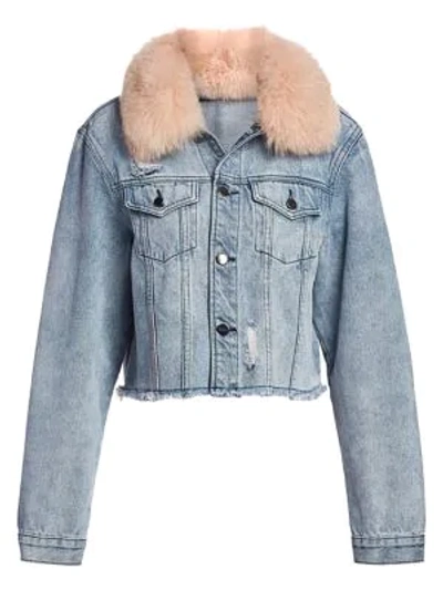 Shop Ava & Kris Hailey Fox Fur-collar Denim Jacket In Peach