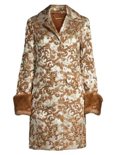 Shop Elie Tahari Sampson Matelassé Jacquard Fur Cuff Coat In Bronze Metallic