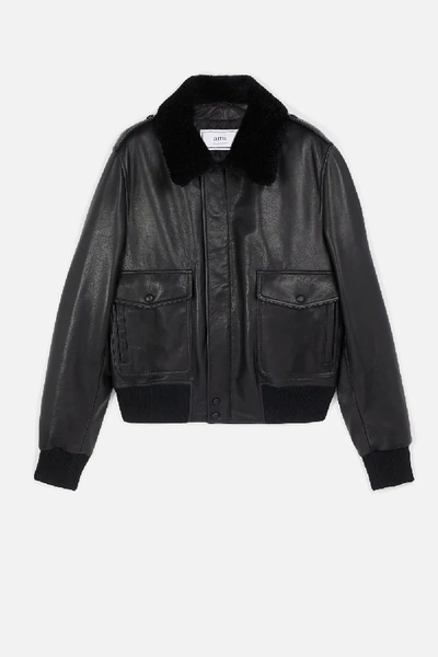 Shop Ami Alexandre Mattiussi Shearling Grained Leather Jacket In Black