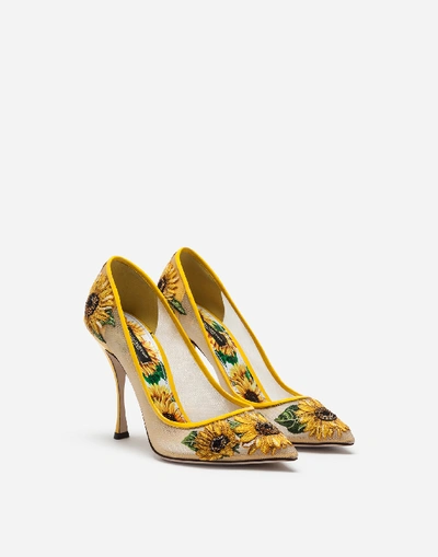 Shop Dolce & Gabbana Mesh Pumps With Sunflower Embroidery In Floral Print