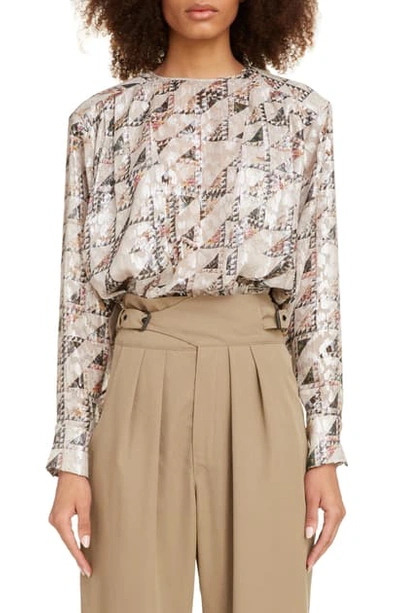 Shop Isabel Marant Triangle Print Metallic Silk Blend Blouse In Ecru