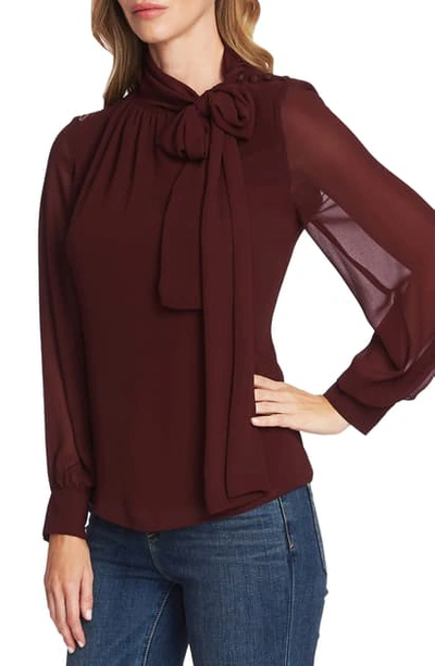 Shop Vince Camuto Tie Neck Long Sleeve Chiffon Blouse In Port