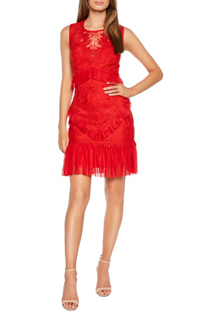 bardot scalloped lace sheath dress