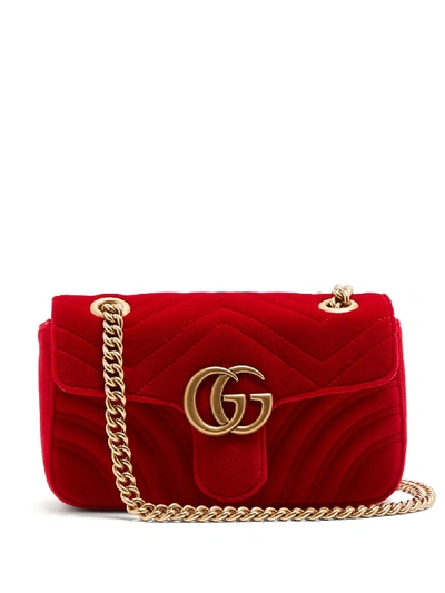 Pre-owned Gucci  Gg Marmont Shoulder Bag Matelasse Velvet Small Hibiscus Red