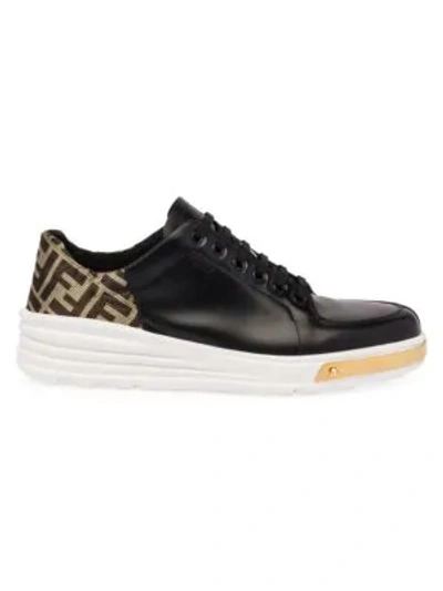 Shop Fendi Monogram Patch Mix Media Hybrid Sneakers In Nero Gold Caffe