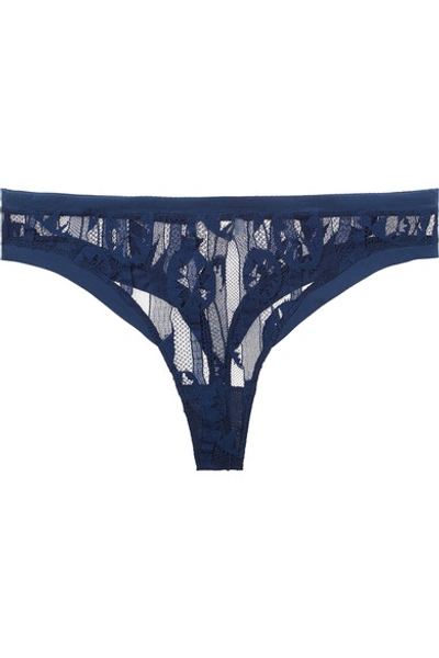Shop Eres Jane Satin-trimmed Stretch-lace Thong In Blue