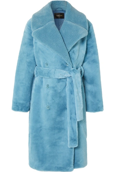 Shop Stine Goya Happy Double-breasted Faux Fur Coat In Light Blue