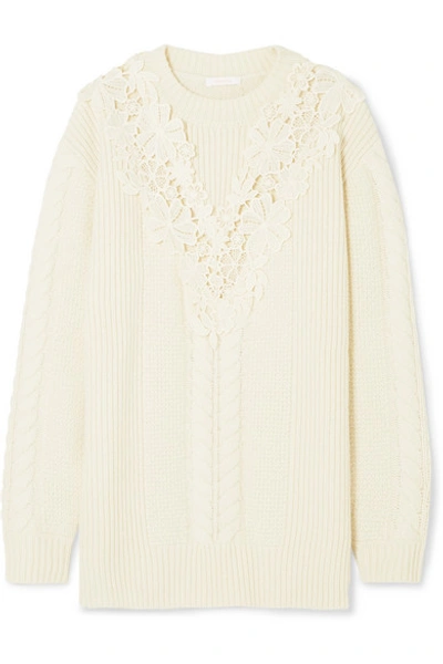 Shop See By Chloé Guipure Lace-trimmed Cable-knit Wool-blend Sweater In Cream