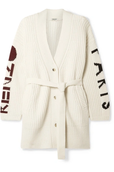 Shop Kenzo Belted Ribbed Intarsia Wool-blend Cardigan In Cream