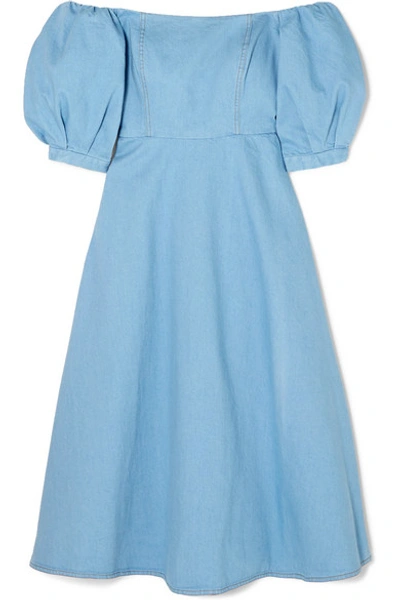 Shop Arias Off-the-shoulder Denim Midi Dress In Blue