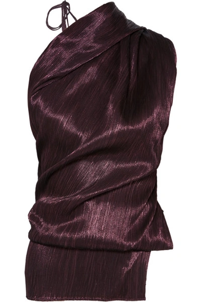 Shop Roland Mouret Lyan One-shoulder Plissé Silk-blend Top In Burgundy