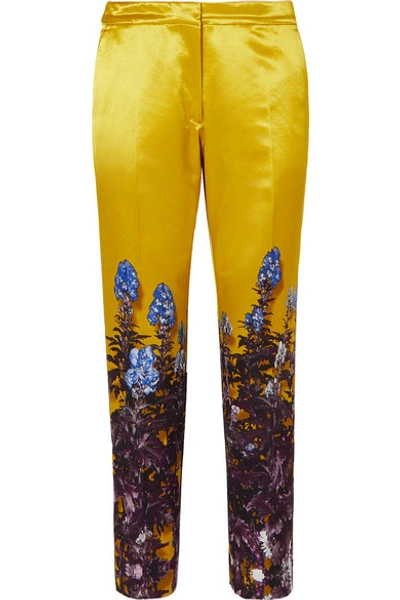 Shop Dries Van Noten Poumas Floral-print Cotton-blend Satin Tapered Pants In Yellow