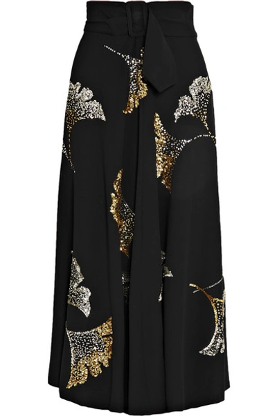 Shop Dries Van Noten Simiana Belted Sequin-embellished Crepe Midi Skirt In Black