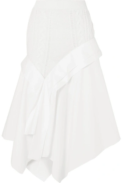 Shop Loewe Asymmetric Cable-knit Wool And Cotton-poplin Midi Skirt In White