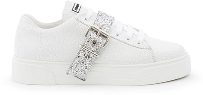 Shop Miu Miu Glitter Velcro Trainers In White-silver