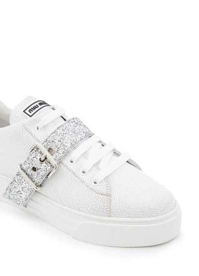 Shop Miu Miu Glitter Velcro Trainers In White-silver