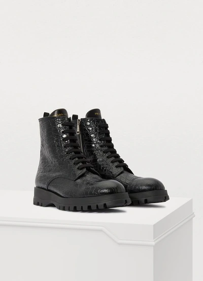 Shop Prada Compact Croco Ankle Boots In Black