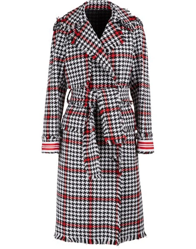 Shop Msgm Tweed Trench Coat In Black Check/red